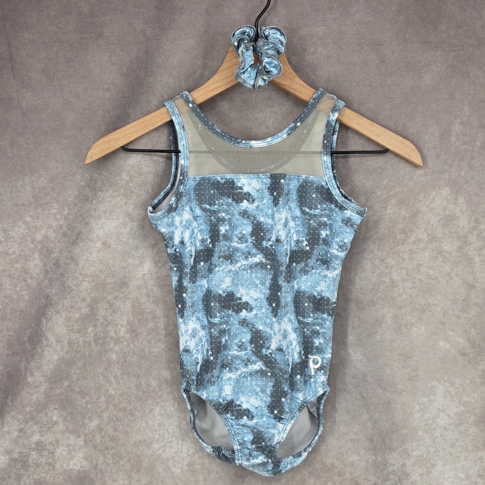 Plum Practicewear Gymnastics Leotard Blue Lightening Mesh With Scrunchie AXS